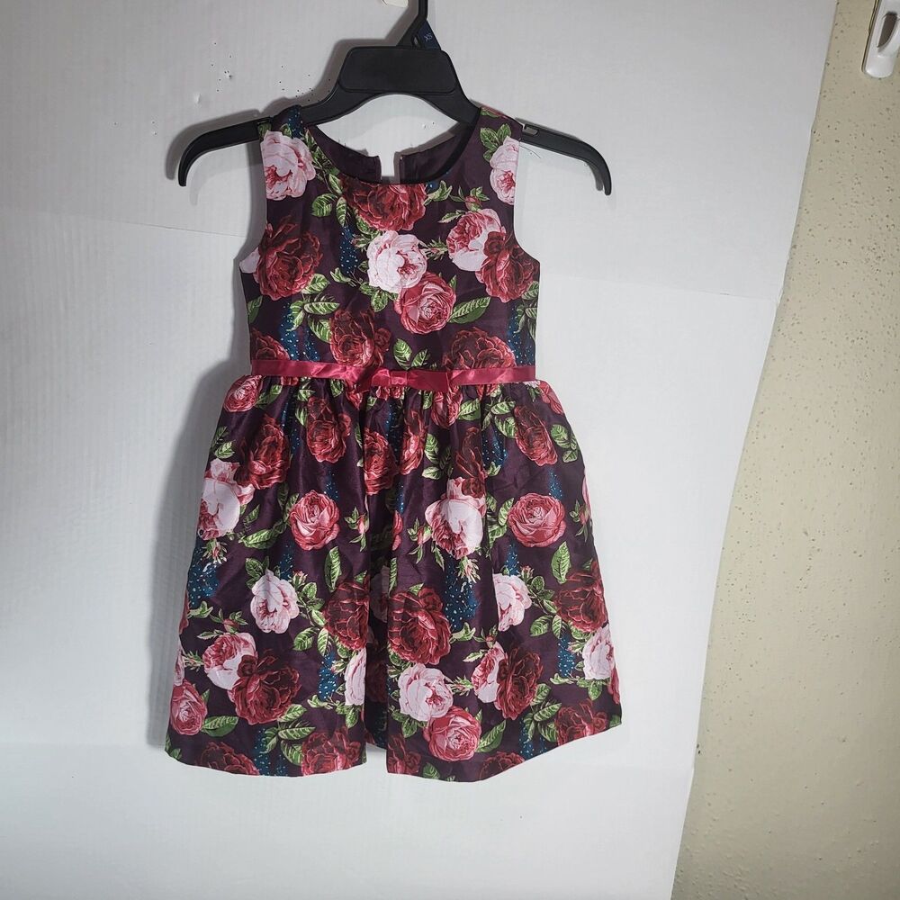 Bonnie Jean Sz 7  Burgundy / Rose Printed Mikado Tank Waistline Poofy Dress- NWT